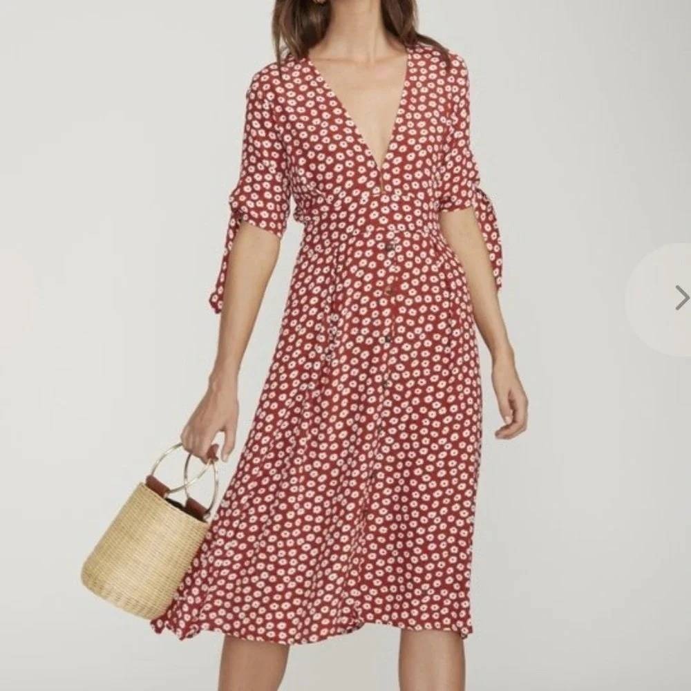 Faithfull The Brand Dress Womens Large Red Nina Midi Daisy Floral Tie Sleeve